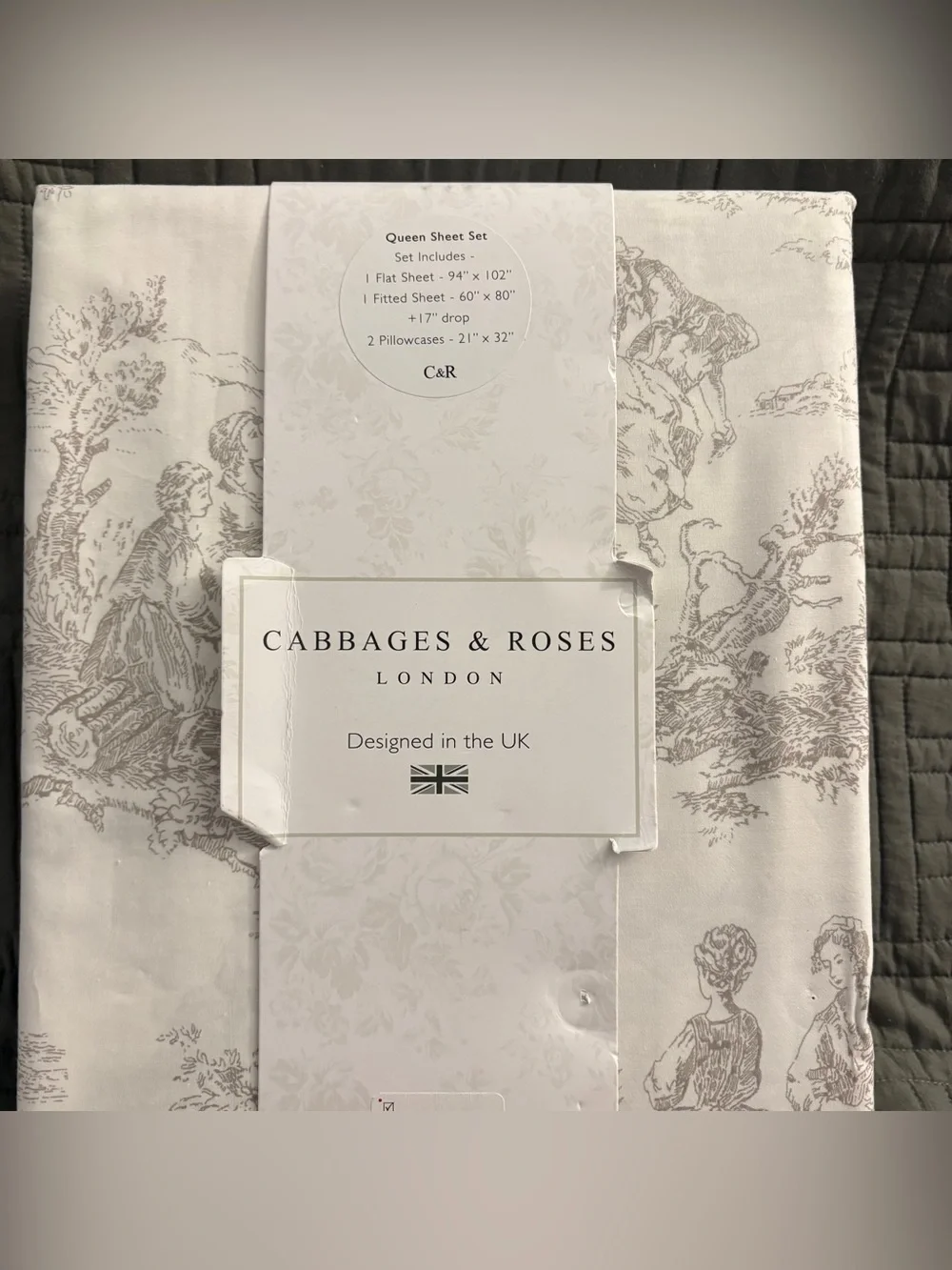Cabbages & Roses LONDON Country Toile Linen 4-Piece Queen Sheet Set NEW